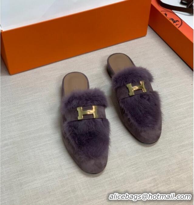 Best Luxury Hermes Suede Mink Fur H Flat Mules 111410 Purple