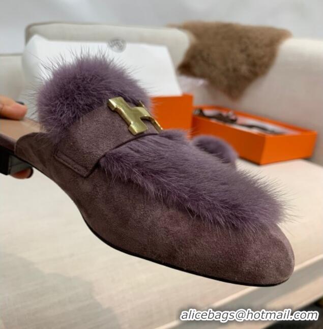 Best Luxury Hermes Suede Mink Fur H Flat Mules 111410 Purple