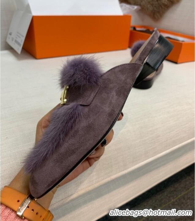 Best Luxury Hermes Suede Mink Fur H Flat Mules 111410 Purple