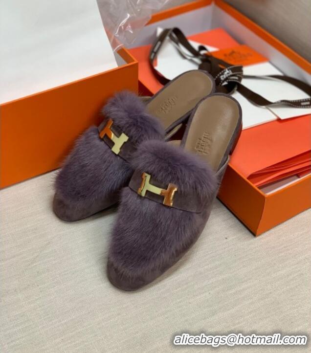 Best Luxury Hermes Suede Mink Fur H Flat Mules 111410 Purple