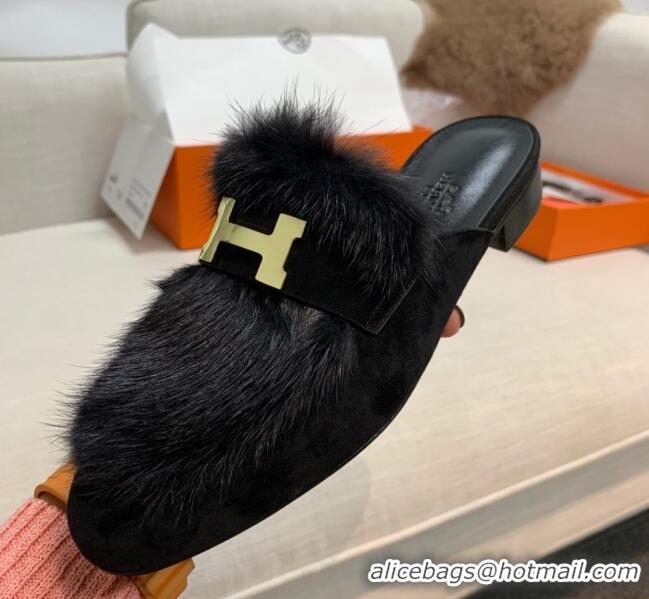 Low Price Hermes Suede Mink Fur H Flat Mules 111410 Black