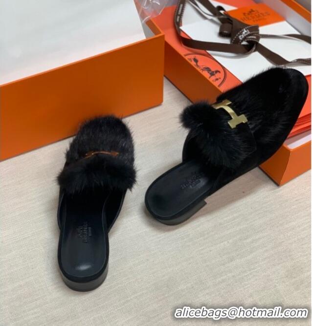 Low Price Hermes Suede Mink Fur H Flat Mules 111410 Black