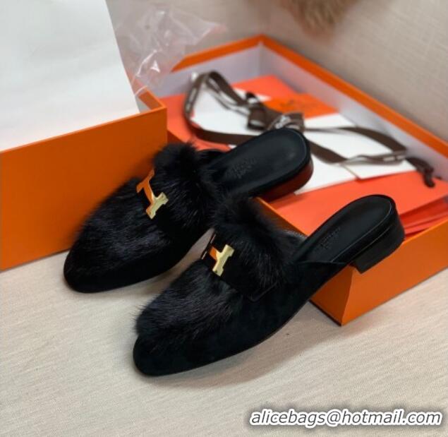 Low Price Hermes Suede Mink Fur H Flat Mules 111410 Black