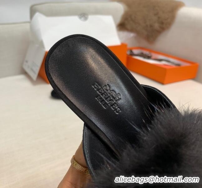 Low Price Hermes Suede Mink Fur H Flat Mules 111410 Black