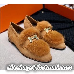 Cute Hermes Suede Mink Fur H Flat Loafers 111413 Brown