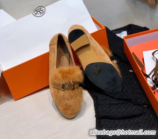 Cute Hermes Suede Mink Fur H Flat Loafers 111413 Brown