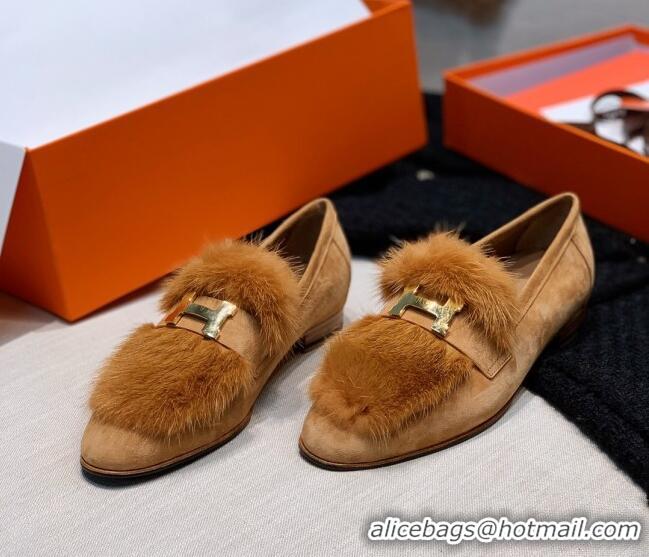 Cute Hermes Suede Mink Fur H Flat Loafers 111413 Brown