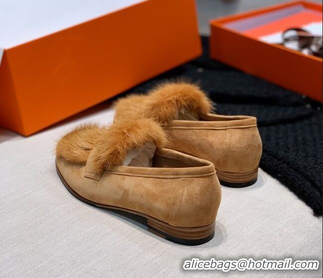 Cute Hermes Suede Mink Fur H Flat Loafers 111413 Brown