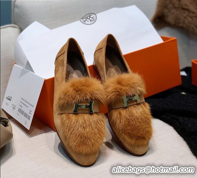 Cute Hermes Suede Mink Fur H Flat Loafers 111413 Brown