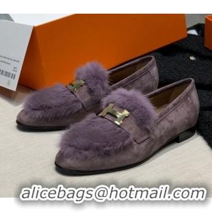 Top Quality Hermes Suede Mink Fur H Flat Loafers 111413 Purple