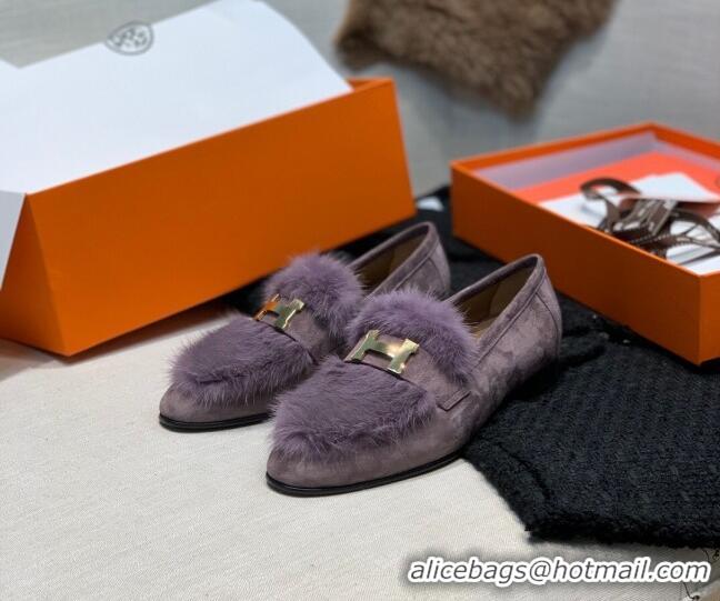 Top Quality Hermes Suede Mink Fur H Flat Loafers 111413 Purple