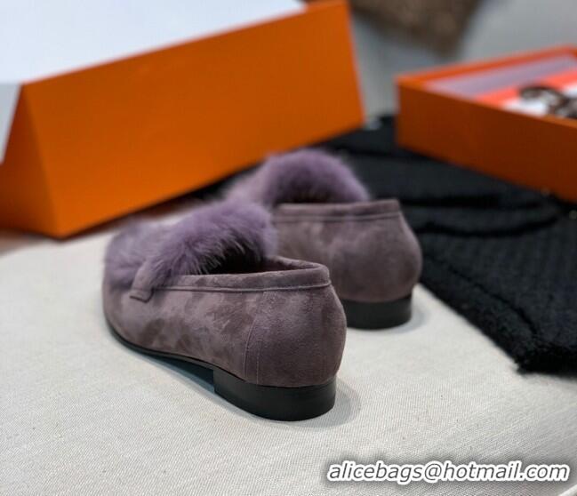 Top Quality Hermes Suede Mink Fur H Flat Loafers 111413 Purple