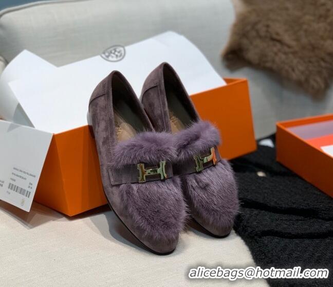 Top Quality Hermes Suede Mink Fur H Flat Loafers 111413 Purple