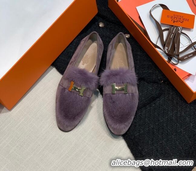 Top Quality Hermes Suede Mink Fur H Flat Loafers 111413 Purple