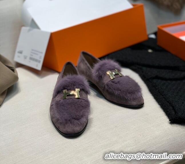 Top Quality Hermes Suede Mink Fur H Flat Loafers 111413 Purple