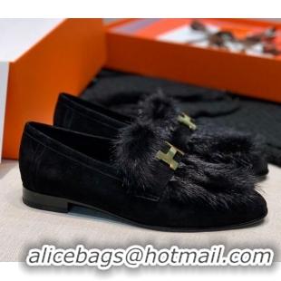 Affordable Price Hermes Suede Mink Fur H Flat Loafers 111413 Black