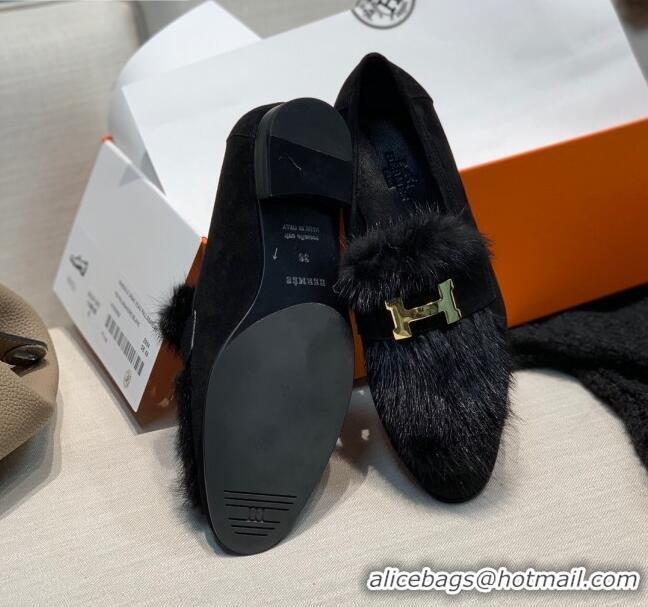 Affordable Price Hermes Suede Mink Fur H Flat Loafers 111413 Black