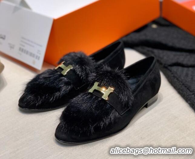 Affordable Price Hermes Suede Mink Fur H Flat Loafers 111413 Black