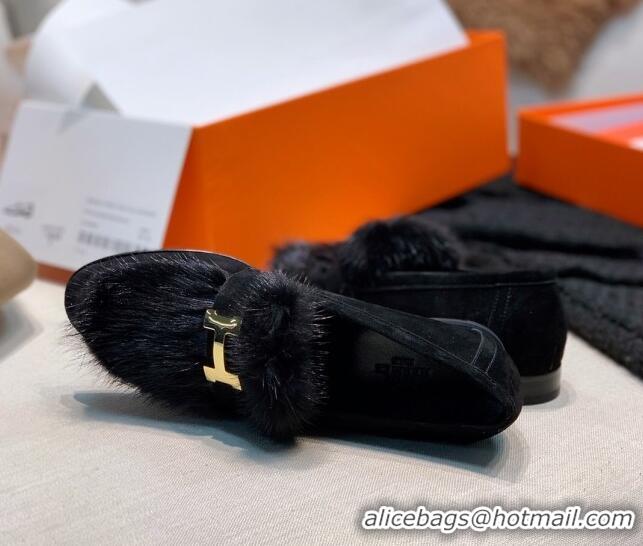 Affordable Price Hermes Suede Mink Fur H Flat Loafers 111413 Black