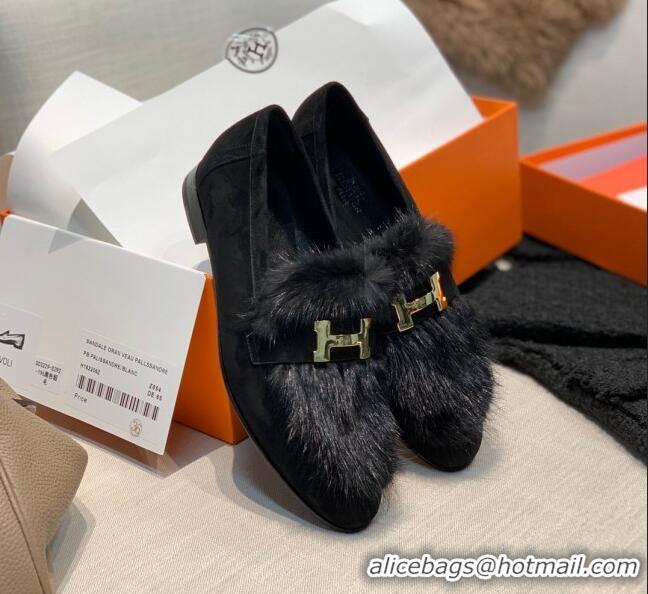 Affordable Price Hermes Suede Mink Fur H Flat Loafers 111413 Black