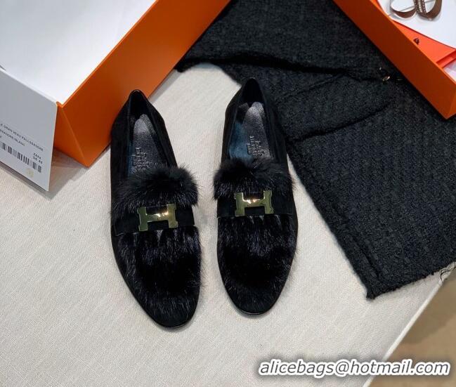 Affordable Price Hermes Suede Mink Fur H Flat Loafers 111413 Black