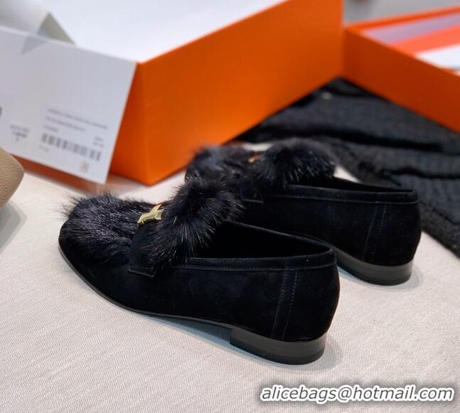 Affordable Price Hermes Suede Mink Fur H Flat Loafers 111413 Black