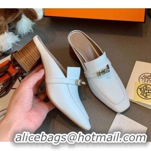 Top Quality Hermes Blossom Goatskin Mid Heel 60mm Kelly Mules 111416 White