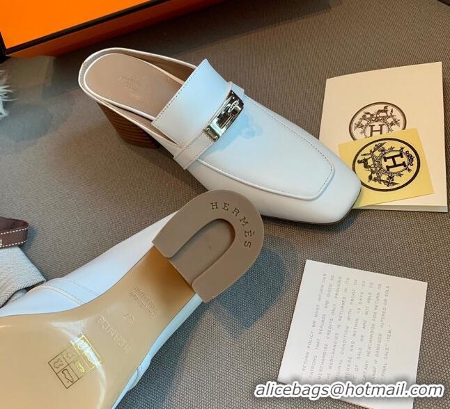 Top Quality Hermes Blossom Goatskin Mid Heel 60mm Kelly Mules 111416 White