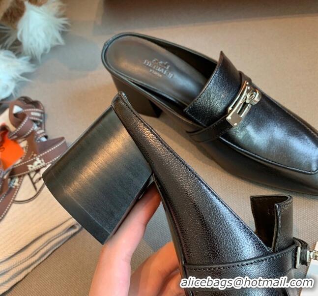 Classic Practical Hermes Blossom Goatskin Mid Heel 60mm Kelly Mules 111416 Black