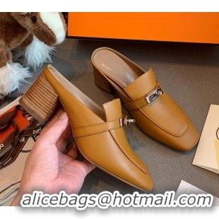 Custom Hermes Blossom Goatskin Mid Heel 60mm Kelly Mules 111416 Light Brown