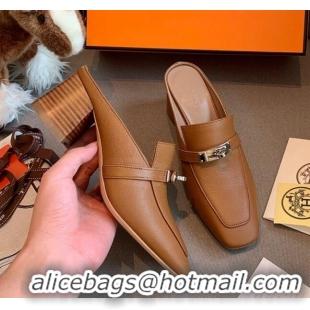 Best Luxury Hermes Blossom Goatskin Mid Heel 60mm Kelly Mules 111416 Dark Brown