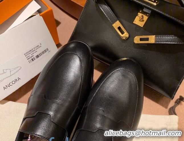 Custom Hermes Ancora Supple Goatskin Loafers with Cut out H 010617 Black