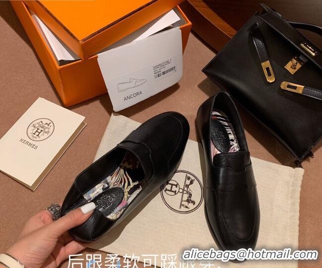 Custom Hermes Ancora Supple Goatskin Loafers with Cut out H 010617 Black