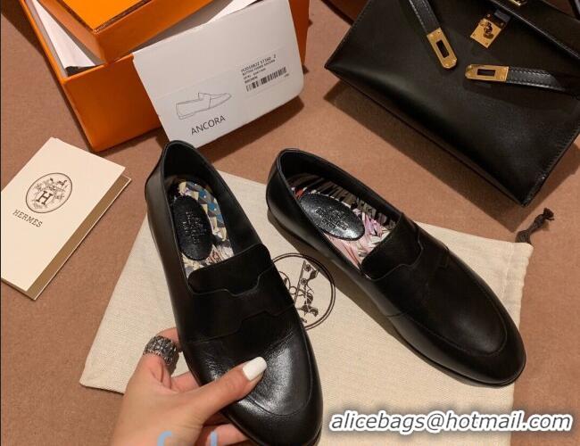 Custom Hermes Ancora Supple Goatskin Loafers with Cut out H 010617 Black