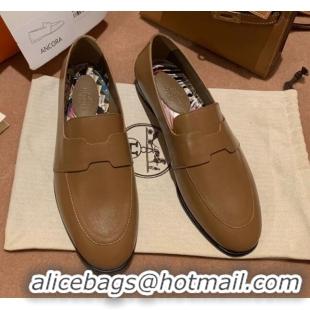 Best Design Hermes Ancora Supple Goatskin Loafers with Cut out H 010617 Brown