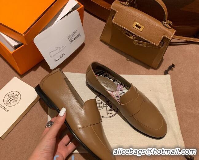 Best Design Hermes Ancora Supple Goatskin Loafers with Cut out H 010617 Brown