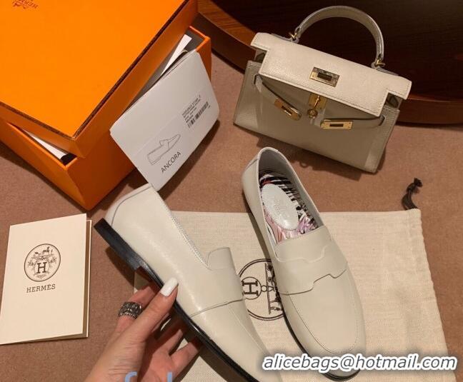 Low Cost Hermes Ancora Supple Goatskin Loafers with Cut out H 010617 White