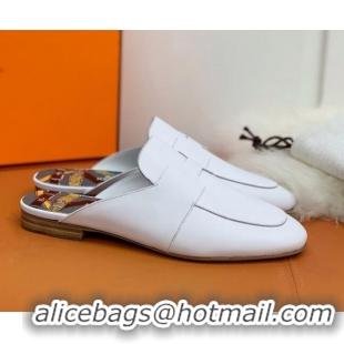 Funny Hermes Catena Supple Calfskin Flat Mules with Cut out H 010620 White 2021