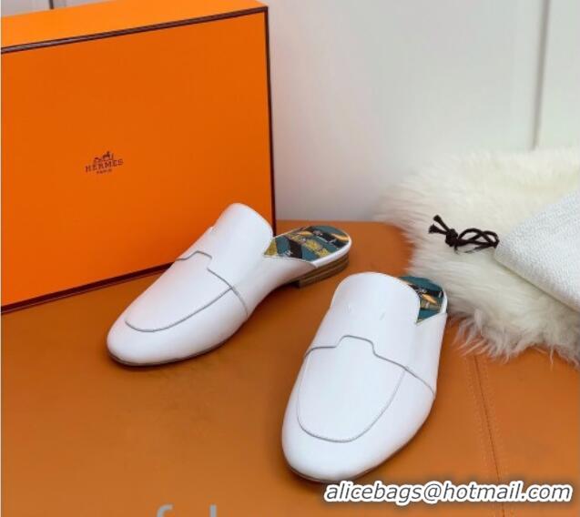 Funny Hermes Catena Supple Calfskin Flat Mules with Cut out H 010620 White 2021