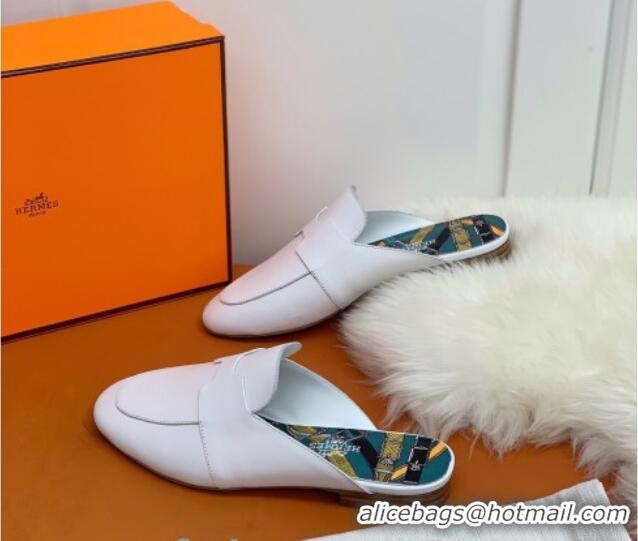 Funny Hermes Catena Supple Calfskin Flat Mules with Cut out H 010620 White 2021