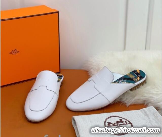 Funny Hermes Catena Supple Calfskin Flat Mules with Cut out H 010620 White 2021