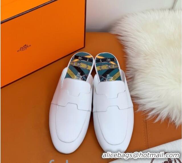 Funny Hermes Catena Supple Calfskin Flat Mules with Cut out H 010620 White 2021