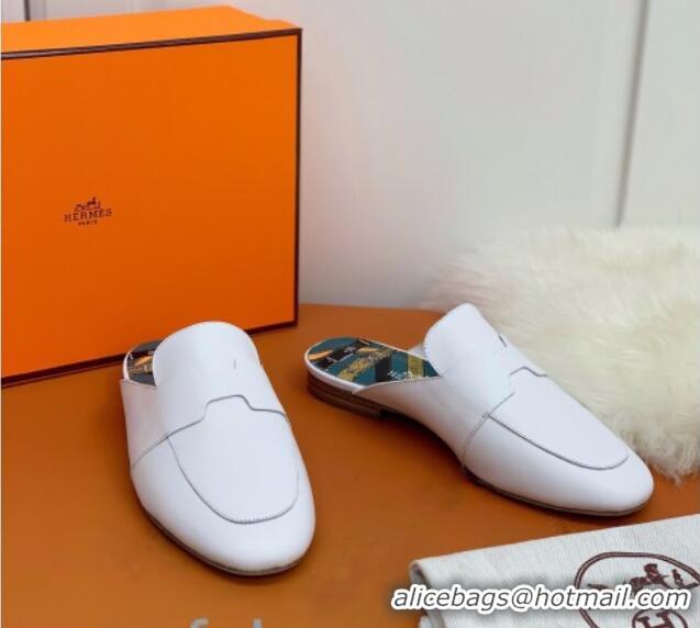 Funny Hermes Catena Supple Calfskin Flat Mules with Cut out H 010620 White 2021