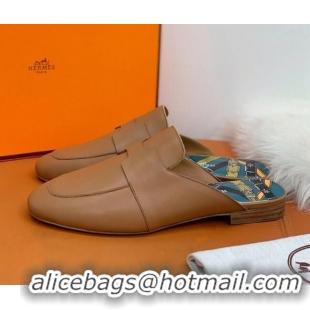 Affordable Price Hermes Catena Supple Calfskin Flat Mules with Cut out H 010620 Brown 2021