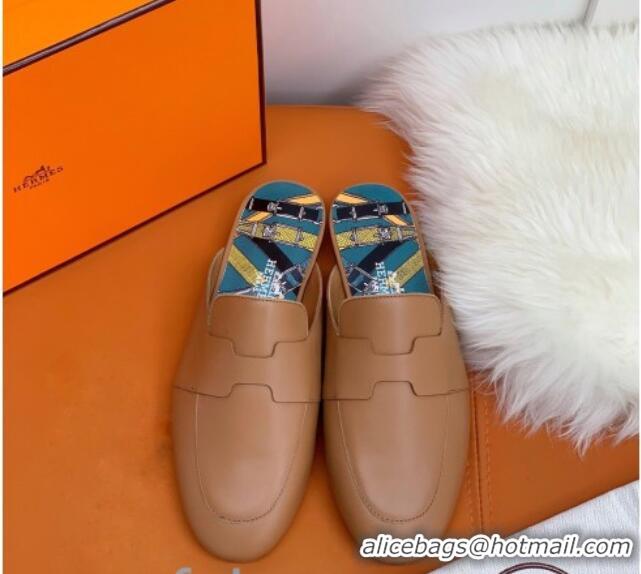 Affordable Price Hermes Catena Supple Calfskin Flat Mules with Cut out H 010620 Brown 2021