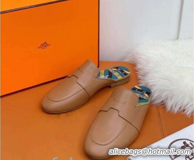 Affordable Price Hermes Catena Supple Calfskin Flat Mules with Cut out H 010620 Brown 2021