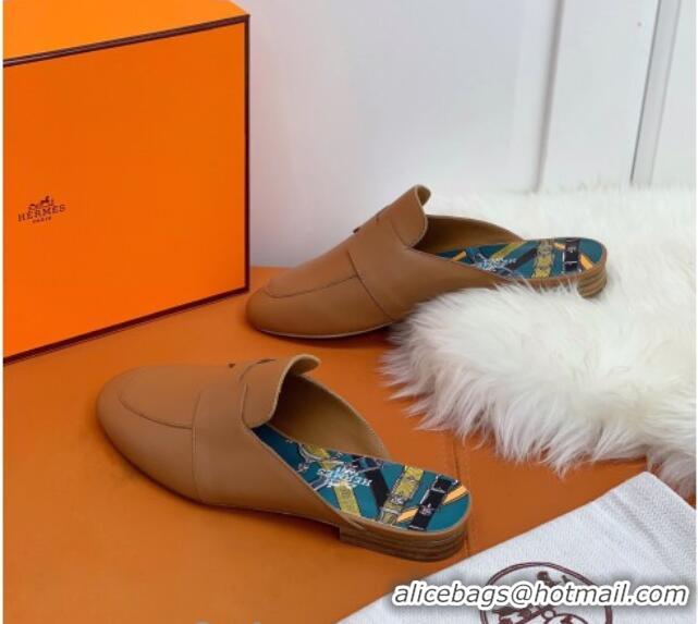 Affordable Price Hermes Catena Supple Calfskin Flat Mules with Cut out H 010620 Brown 2021