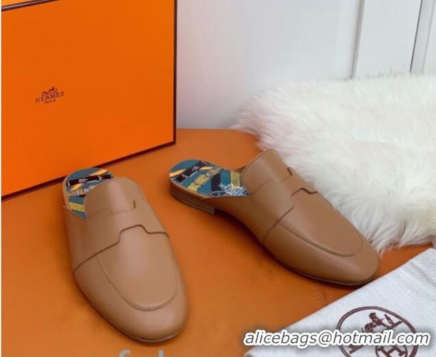 Affordable Price Hermes Catena Supple Calfskin Flat Mules with Cut out H 010620 Brown 2021