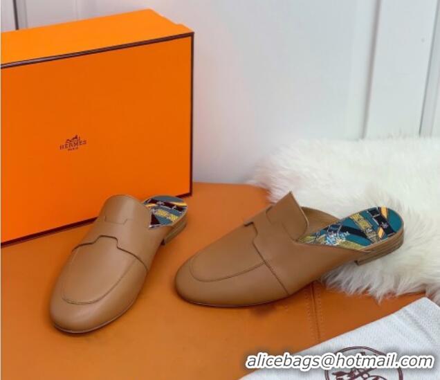 Affordable Price Hermes Catena Supple Calfskin Flat Mules with Cut out H 010620 Brown 2021