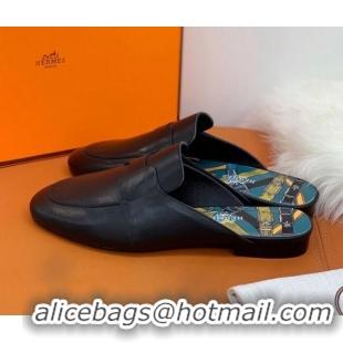 Top Quality Hermes Catena Supple Calfskin Flat Mules with Cut out H 010620 Black 2021